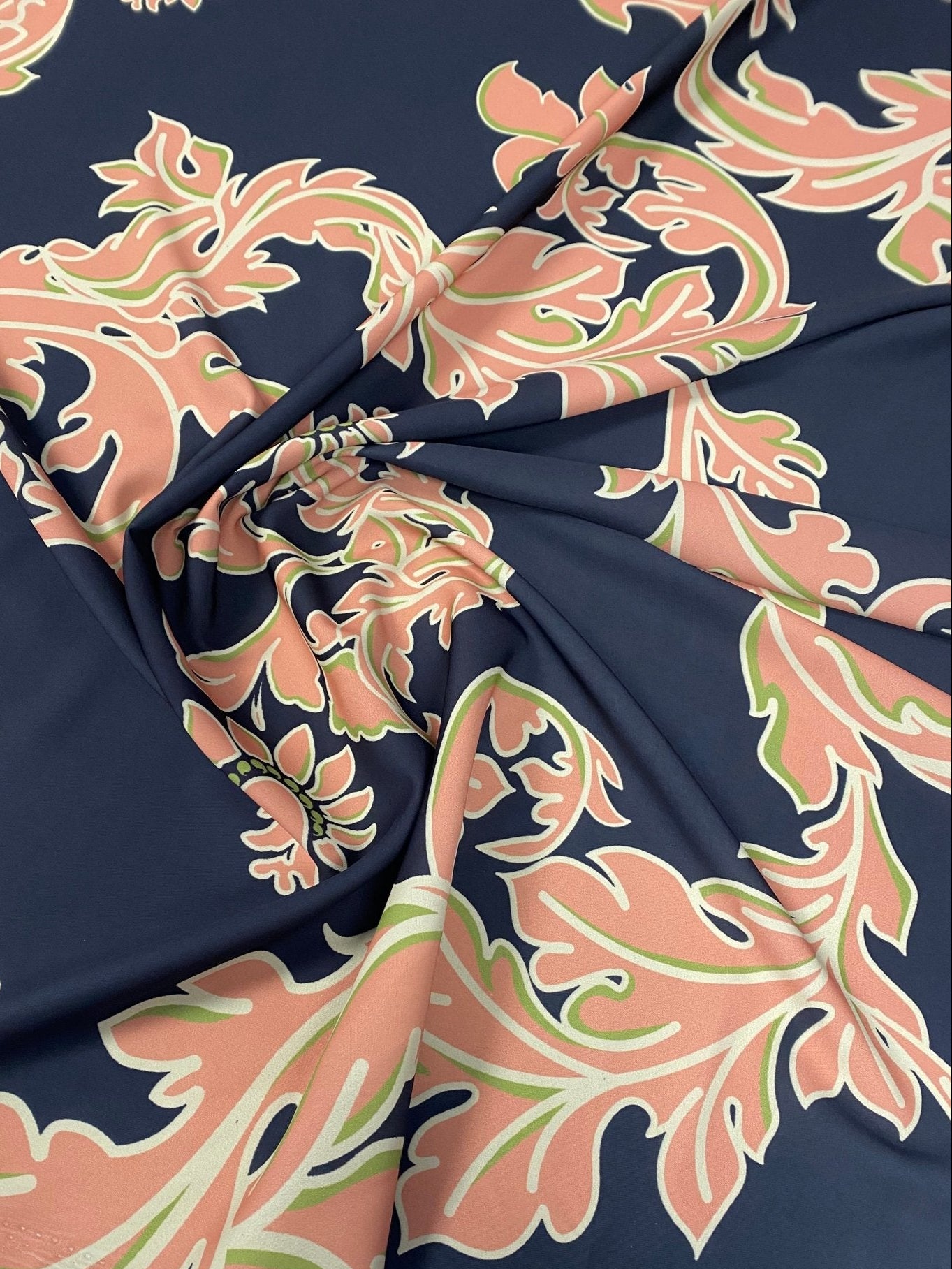 Baroque Floral Crepe Fabric by the Metre – Black Peach Green Design - Whotex Online Fabric Store