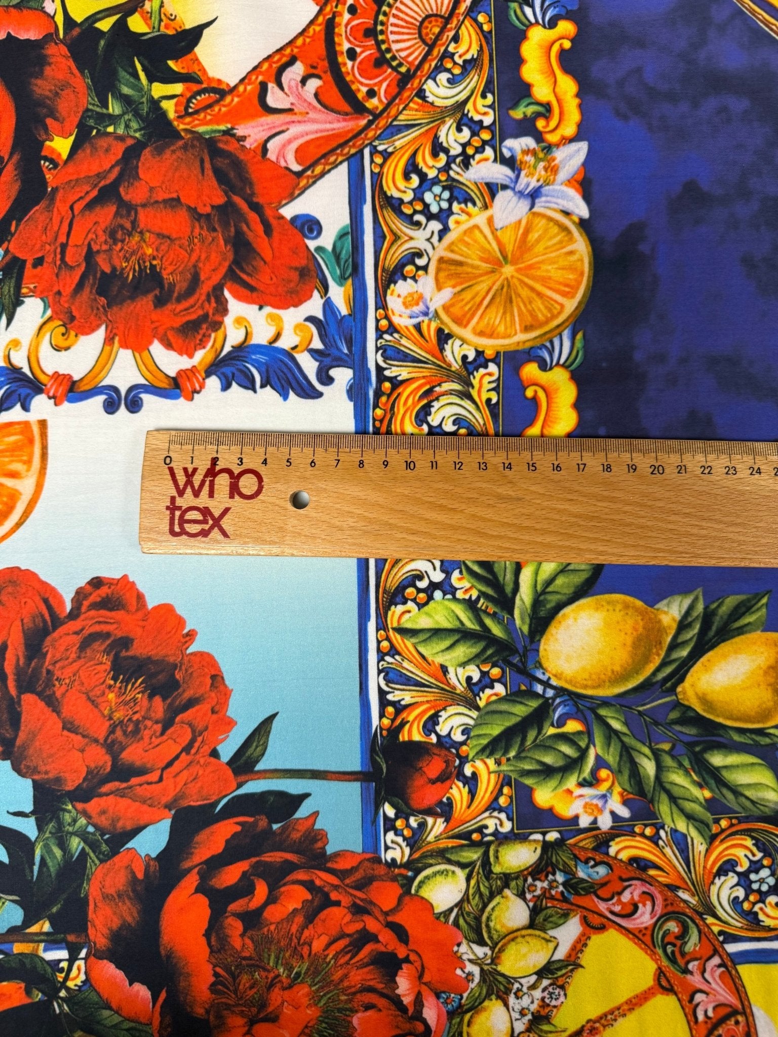 Baroque Floral & Lemons Organic Cotton Poplin Fabric by the Metre - Whotex Fabrics London