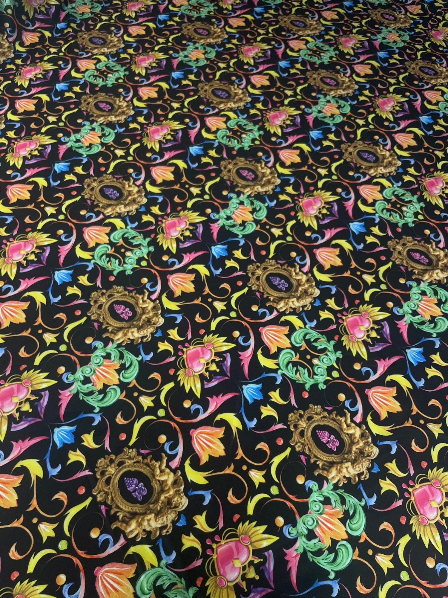 Baroque Floral Spandex Fabric with Gold Motifs - Whotex Fabrics London