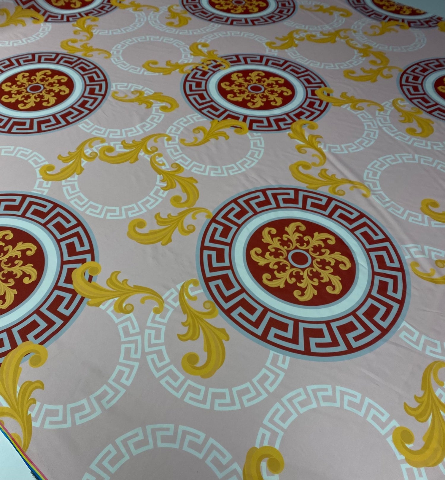 Baroque Medallion Crepe Fabric by the Metre – Beige Red & Gold Design - Whotex Online Fabric Store