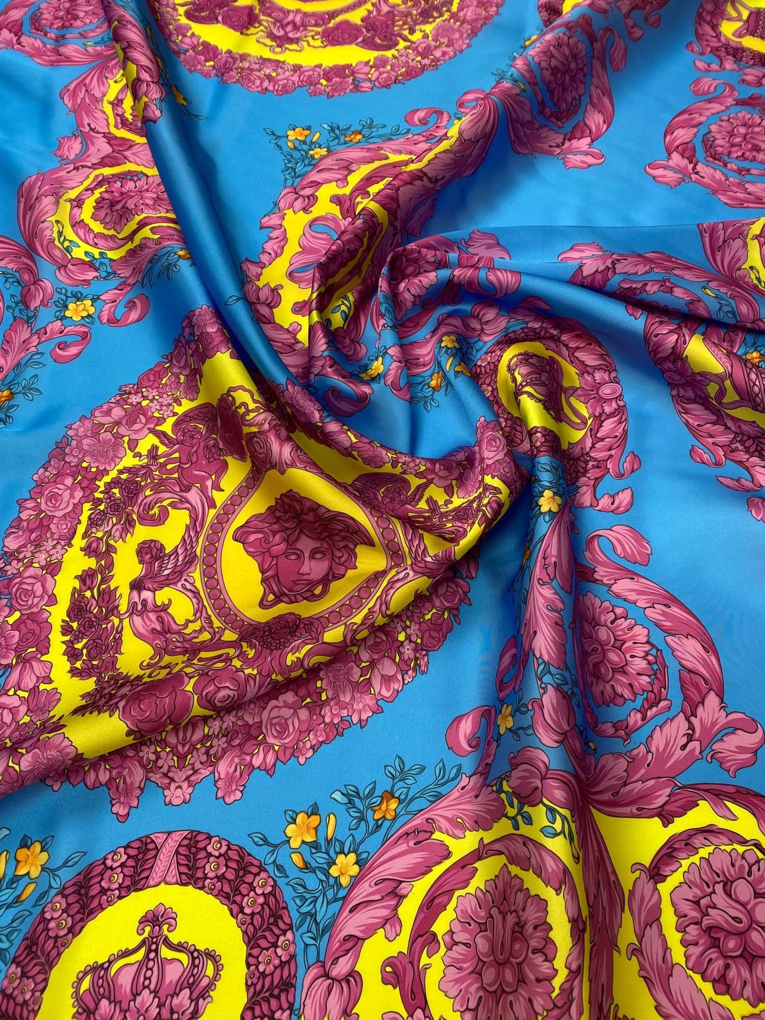 Baroque Medallion Print Satin Fabric by the Metre - Whotex Fabrics London