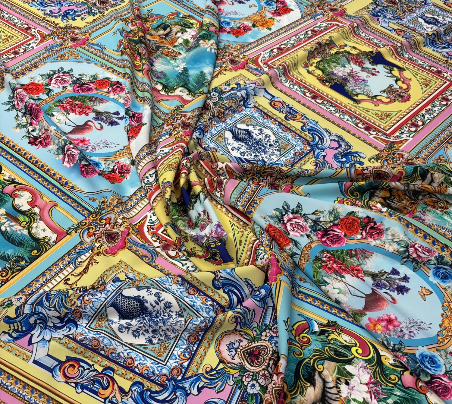 Baroque Panel Print Crepe Fabric by the Metre - Whotex Fabrics London