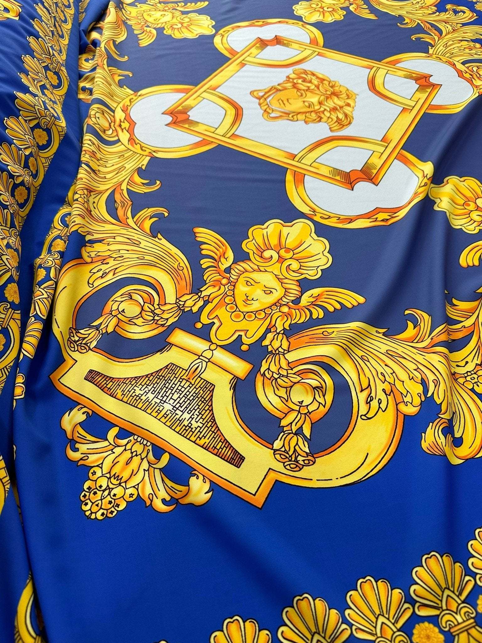 Baroque Gold Pattern Fabric on Royal Blue Background – Fabric by Metre ...