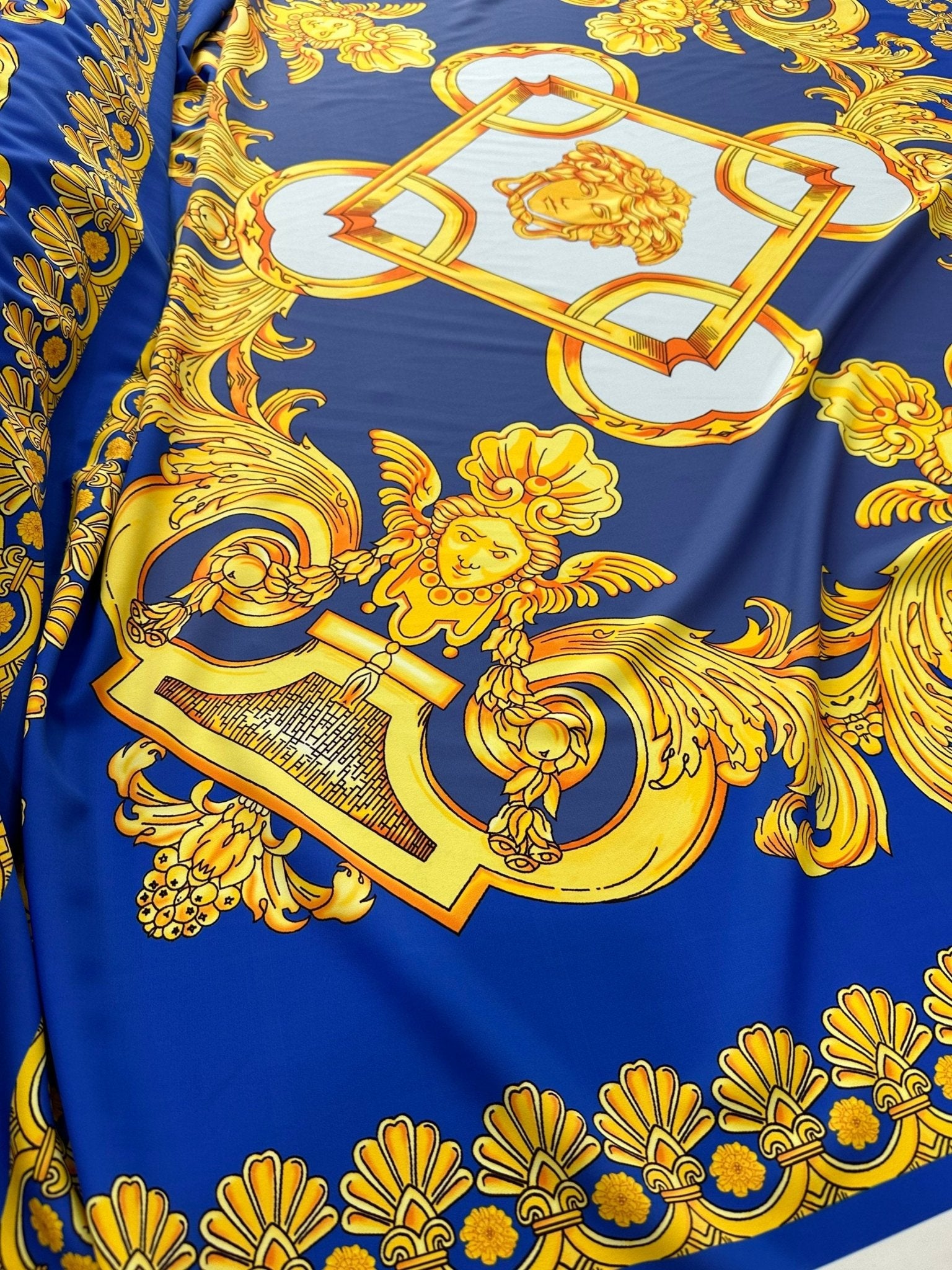 Baroque pattern fabric, Blue Silky Crepe Fabric , Fabric by the yard, Panel Fabric 150*100cm // 1.64 * 1.09 yard - Whotex Online Fabric Store