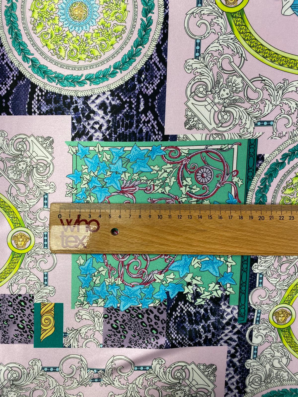 Baroque Pattern Fabric Green Borders and Soft Color Palette Fabric by Metre - Whotex Fabrics London
