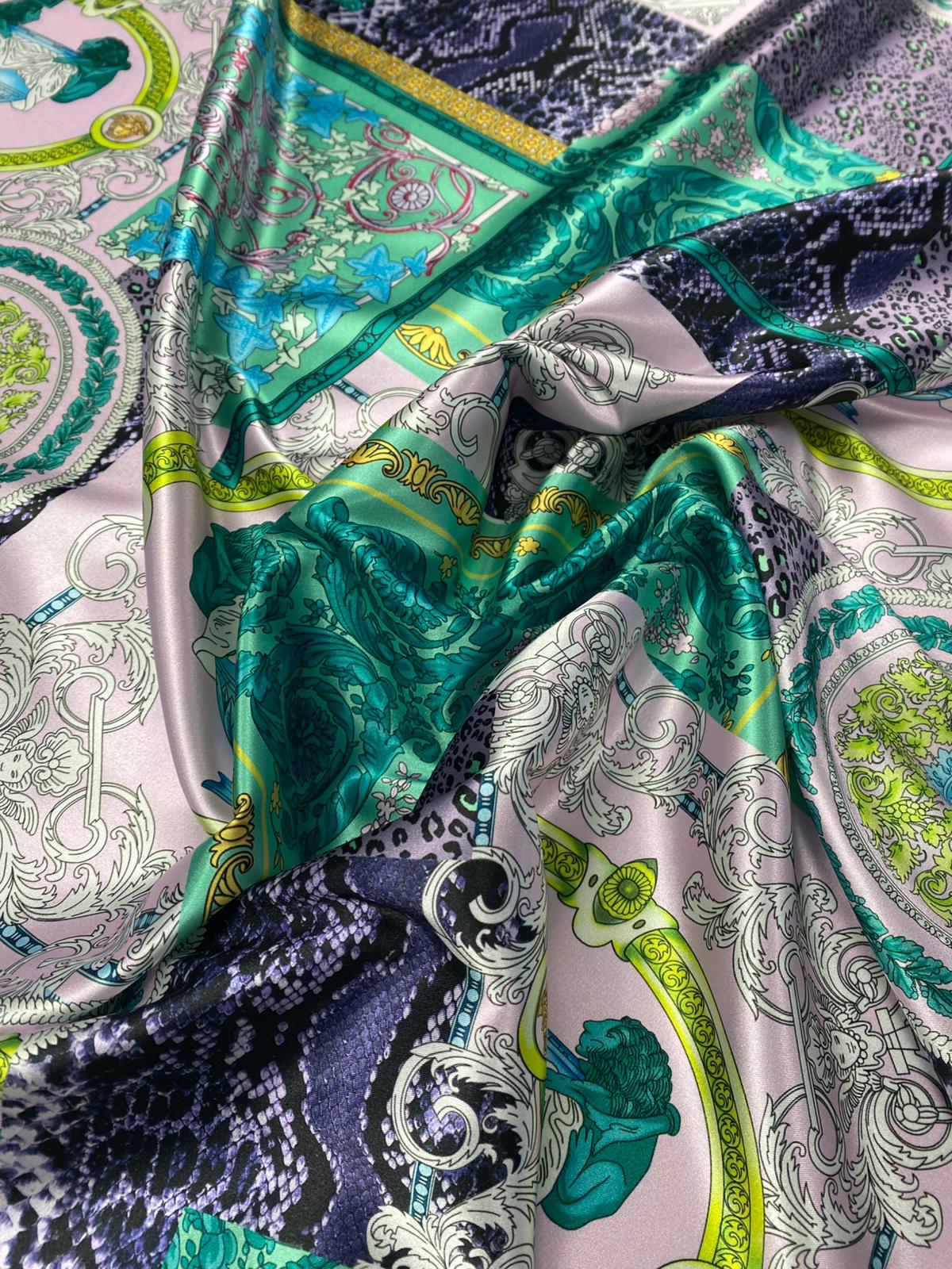 Baroque Pattern Fabric Green Borders and Soft Color Palette Fabric by Metre - Whotex Fabrics London