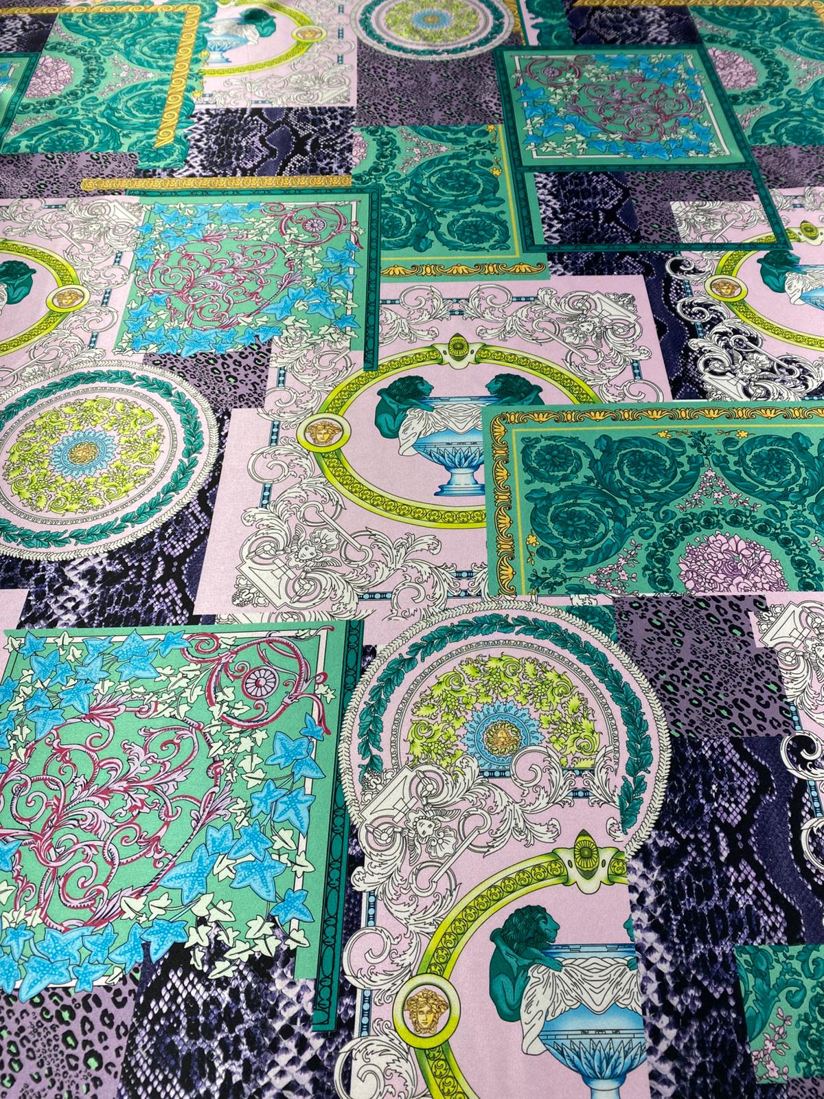 Baroque Pattern Fabric Green Borders and Soft Color Palette Fabric by Metre - Whotex Fabrics London