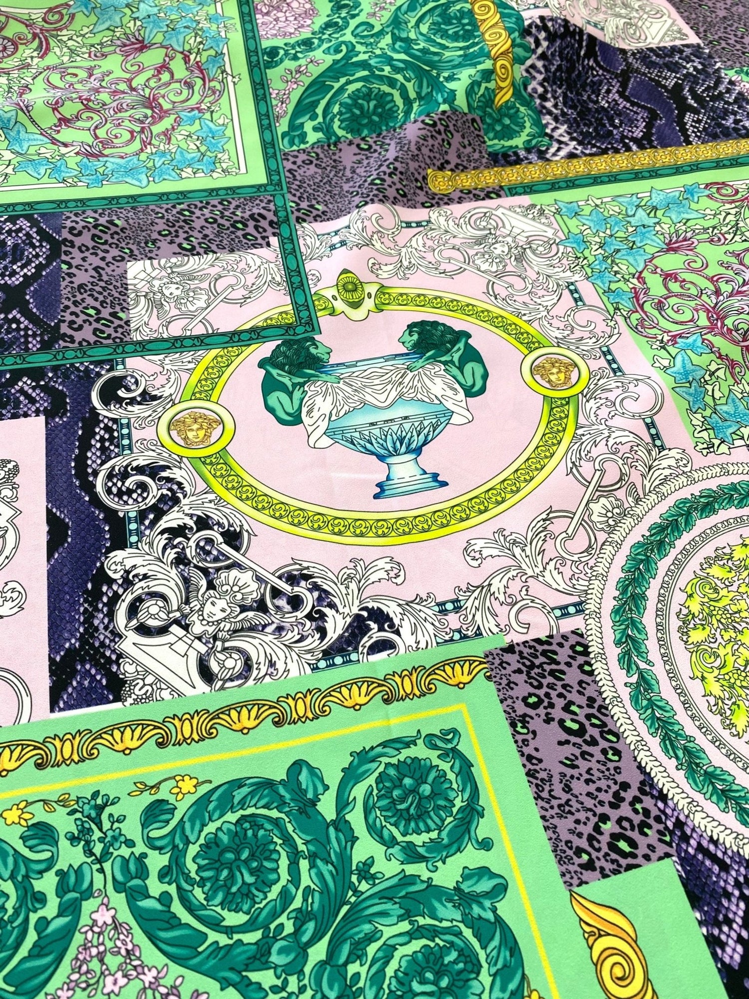 Baroque Pattern Fabric, Green Borders Soft Colors Fabric By The Yard - Whotex Online Fabric Store