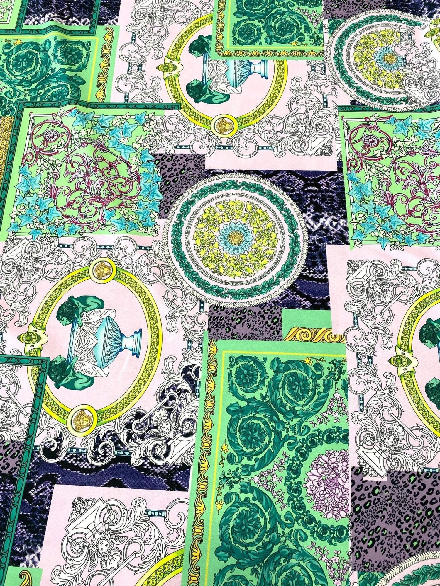 Baroque pattern fabric with green borders and soft pastel color palette, featuring intricate ornate designs and decorative motifs