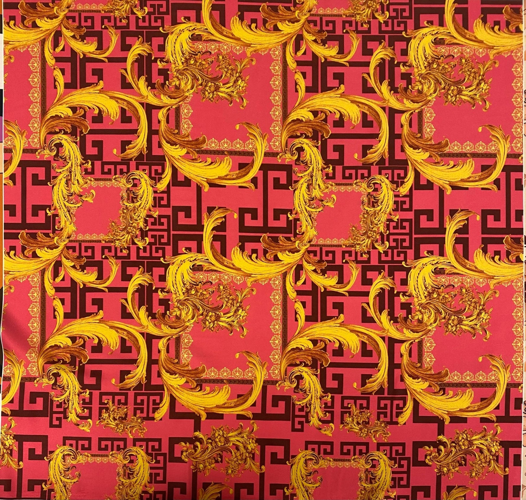 Baroque Pink & Gold Fabric – Luxury Ornate Greek Key Print by the Metre - Whotex Fabrics London