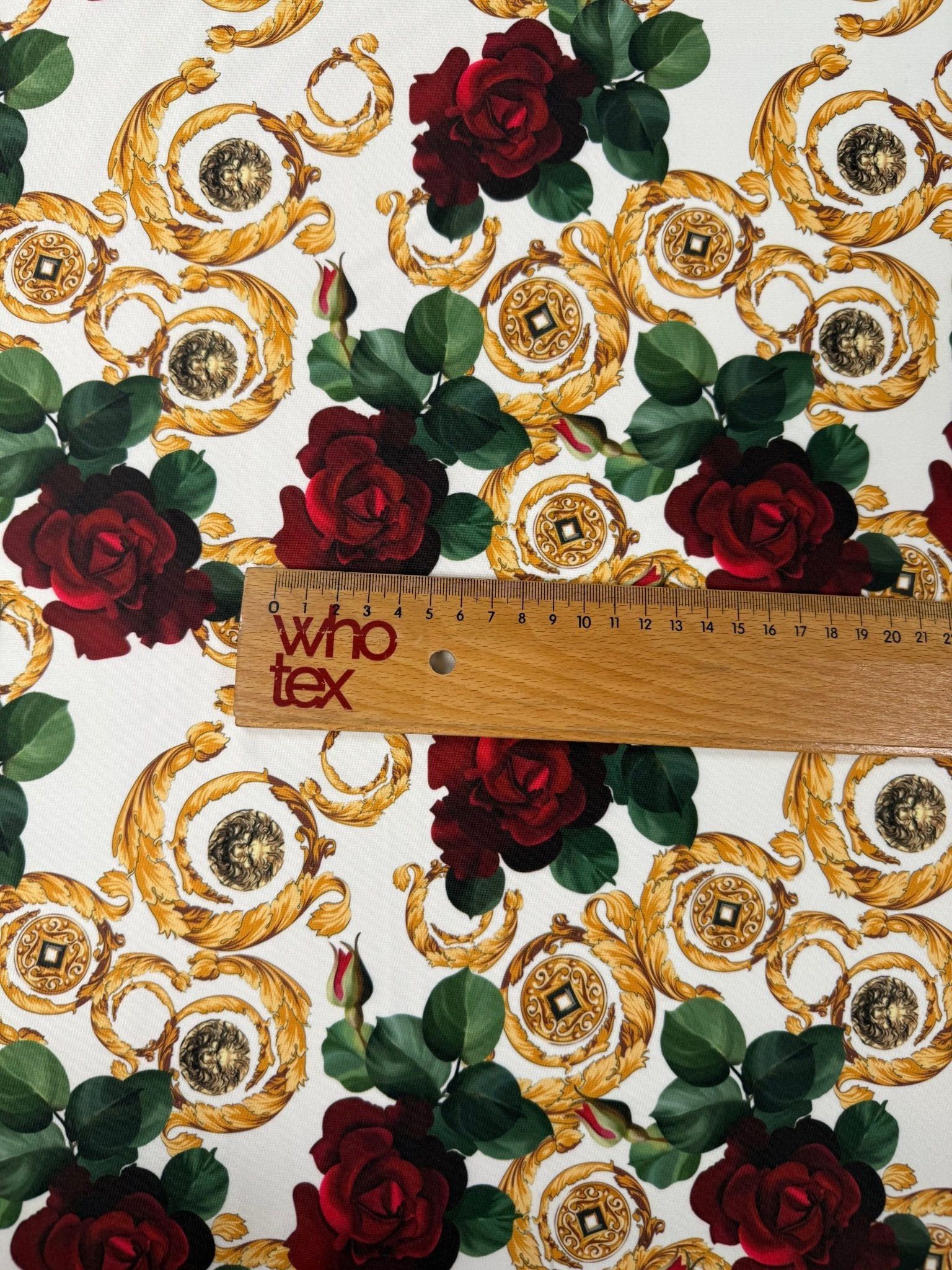Baroque Rose Print Spandex Fabric by the Metre - Whotex Fabrics London