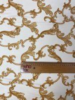 Baroque Scroll Print Gold Cream Fabric by the Metre - Whotex Fabrics London