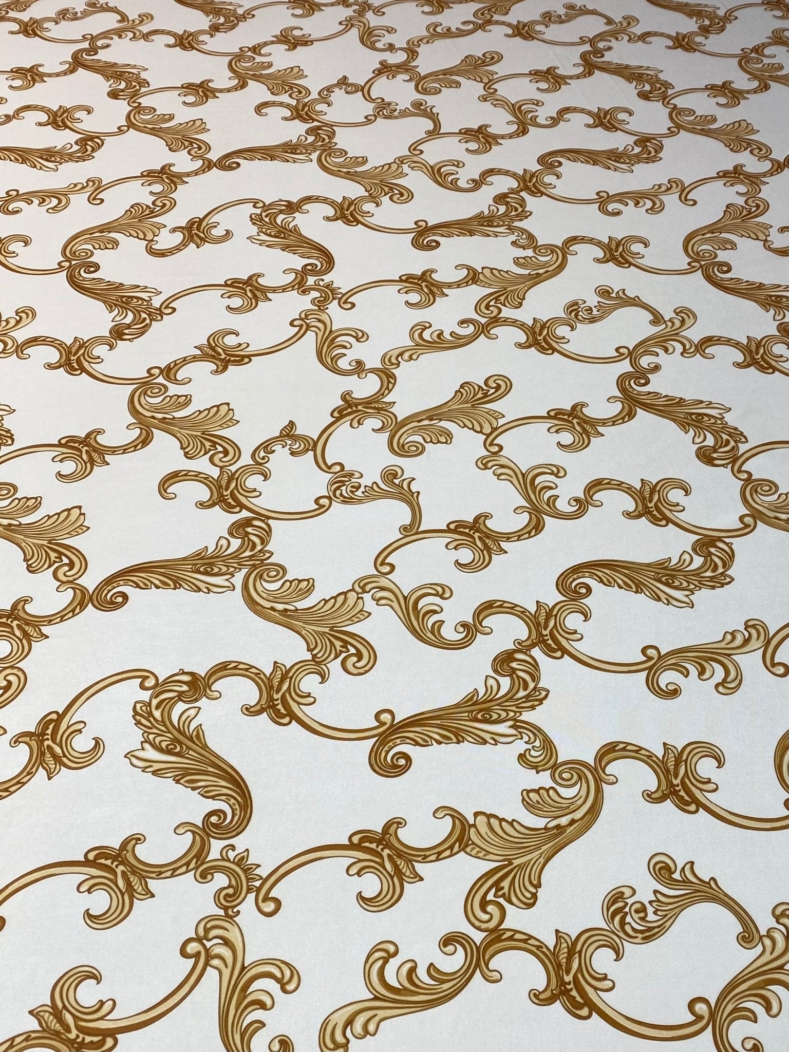 Baroque Scroll Print Gold Cream Fabric by the Metre - Whotex Fabrics London