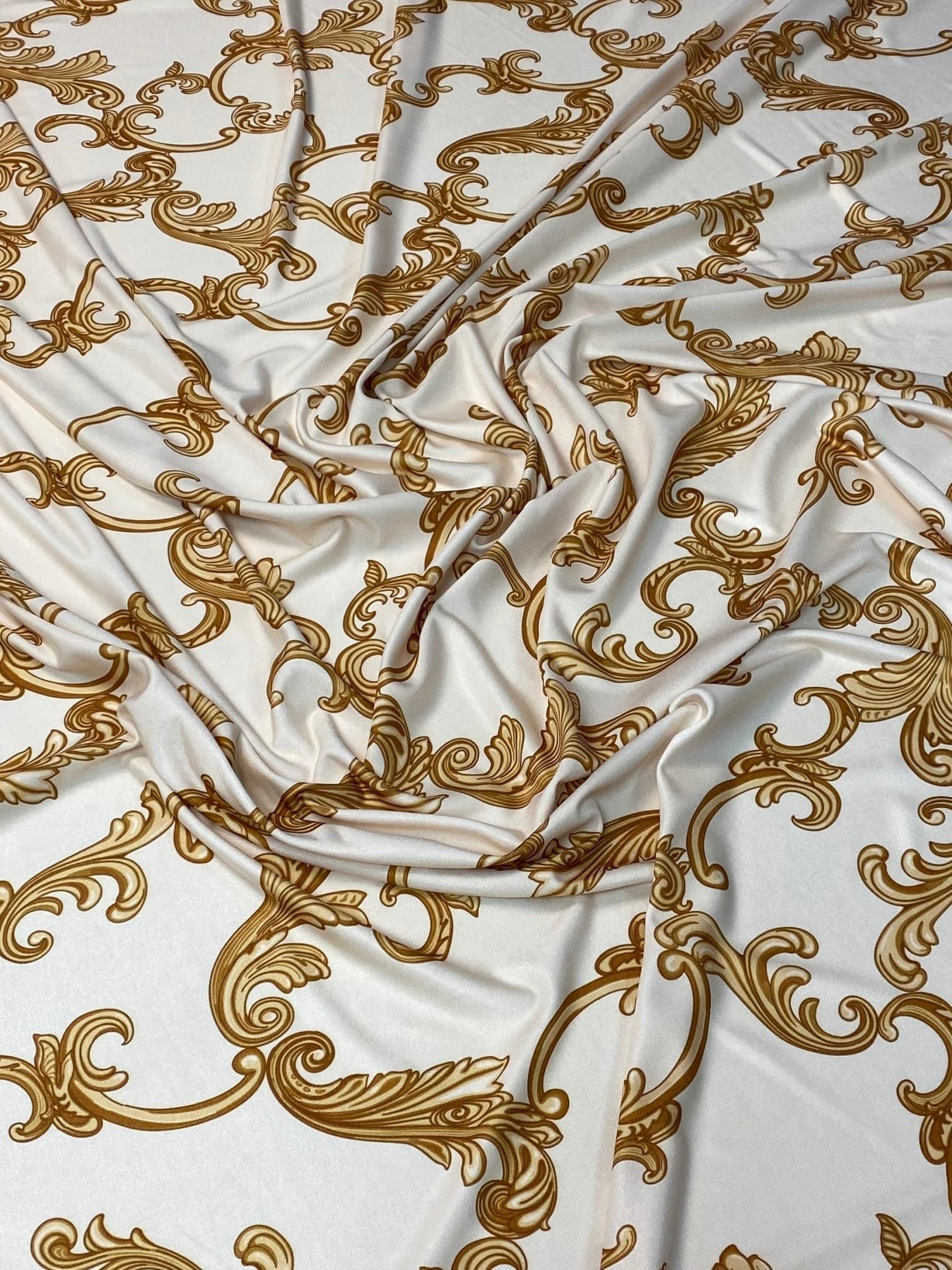 Baroque Scroll Print Gold Cream Fabric by the Metre - Whotex Fabrics London