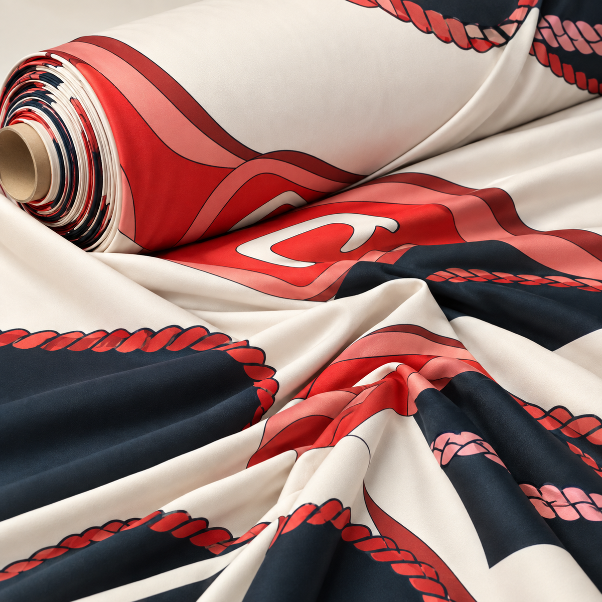 Abstract Chain Print Fabric in Coral & Black by the Metre