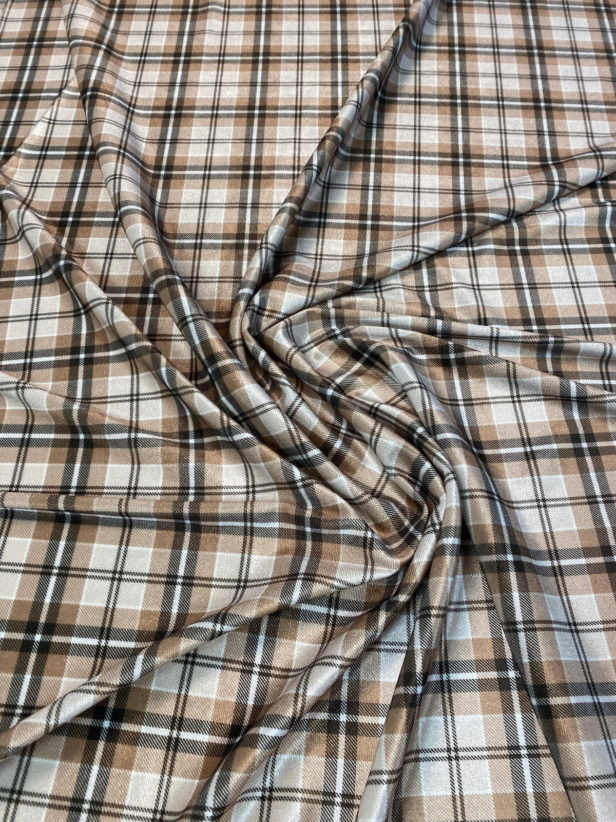 Beige & Black Check Velvet Fabric by the Metre - Whotex Fabrics London