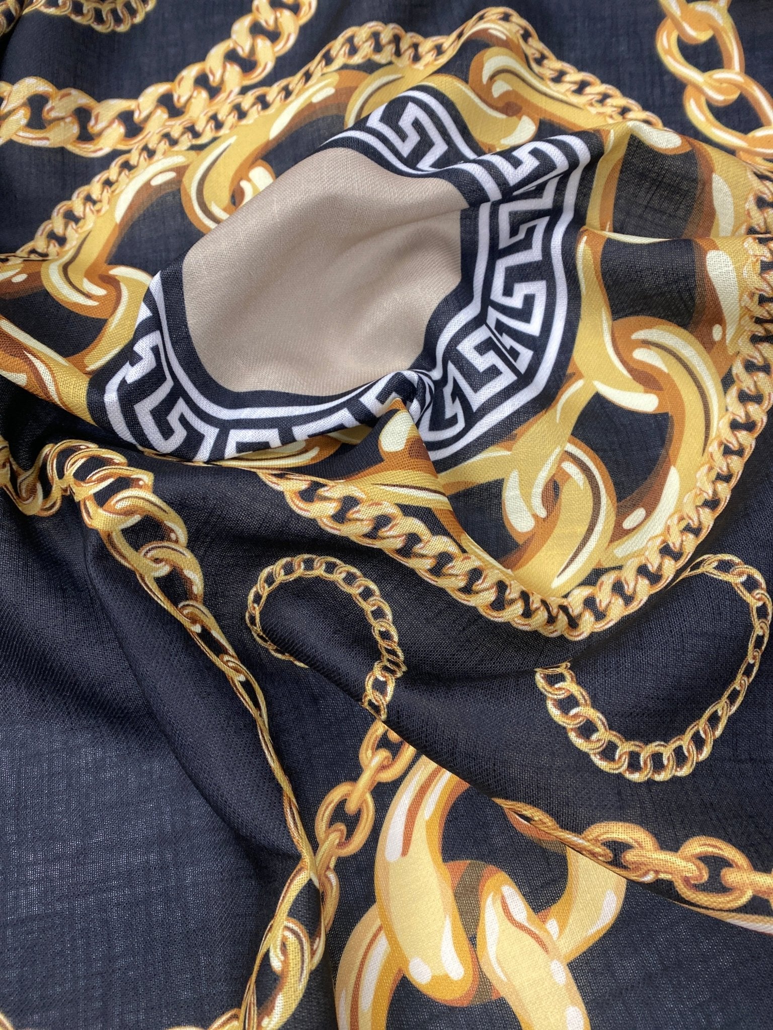 Black and Gold Baroque Pattern Luxury Chain Print Fabric by Metre - Whotex Fabrics London
