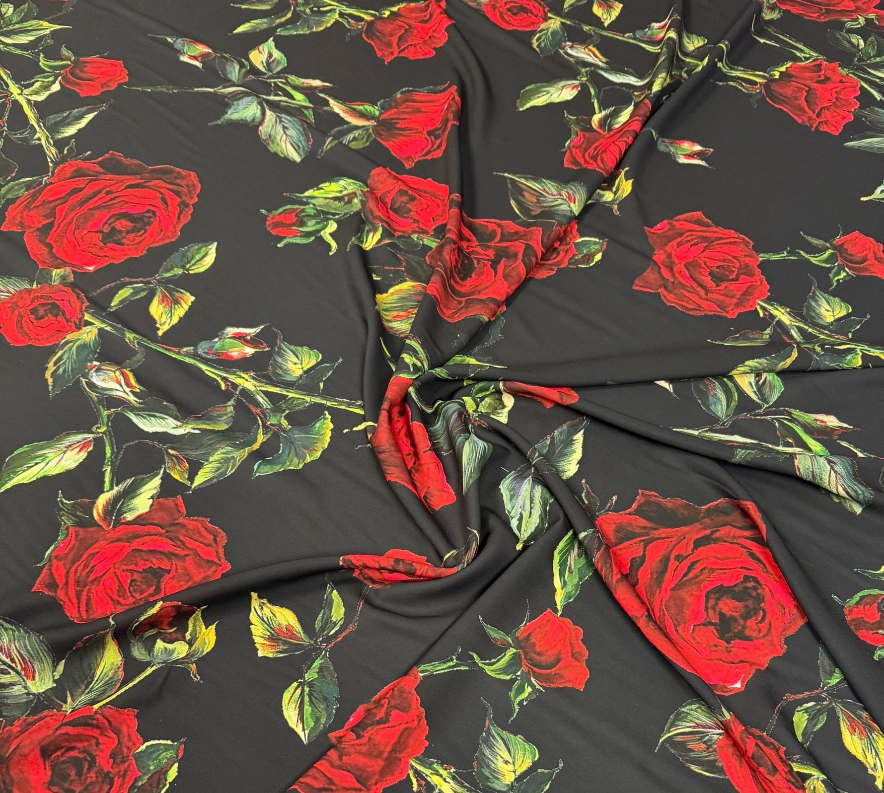 Black and Red Floral Rose Pattern Fabric for Sewing and Crafts – Custom Printed Fabric on Satin, Crepe, Spandex or Chiffon - Whotex Fabrics London