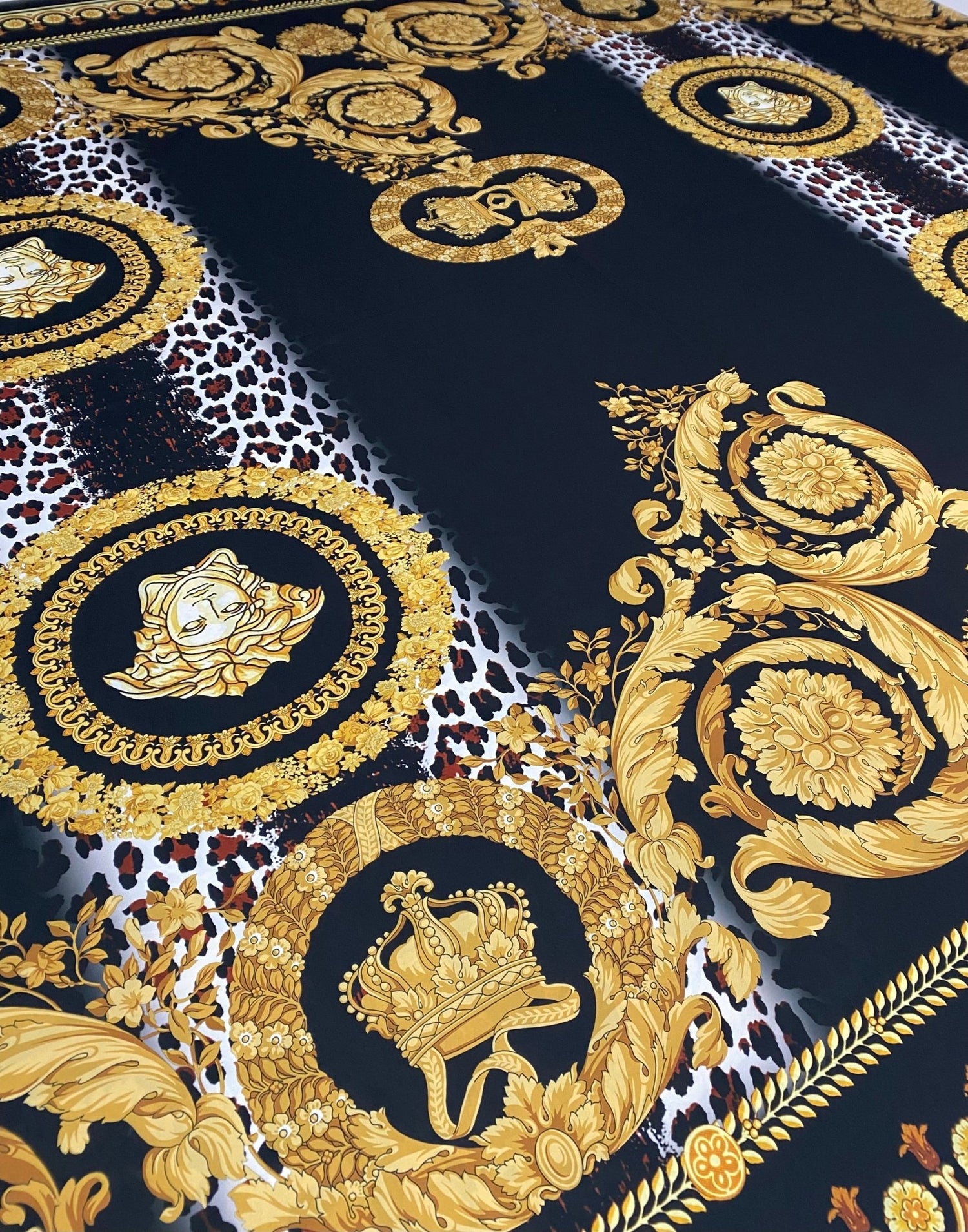 Black Baroque Gold Crepe Fabric by the Metre - Whotex Fabrics London