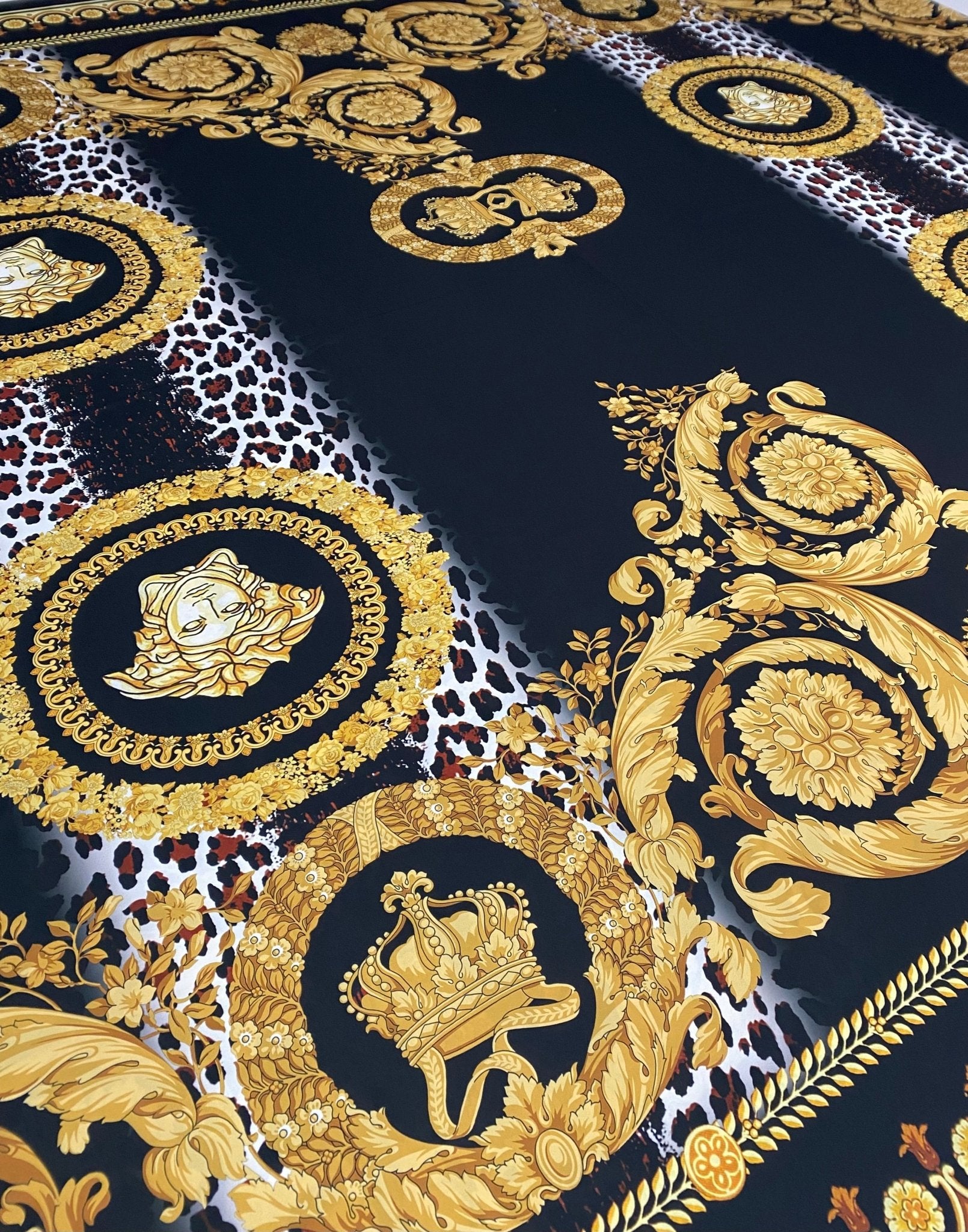Black Baroque Gold Crepe Fabric by the Metre - Whotex Fabrics London
