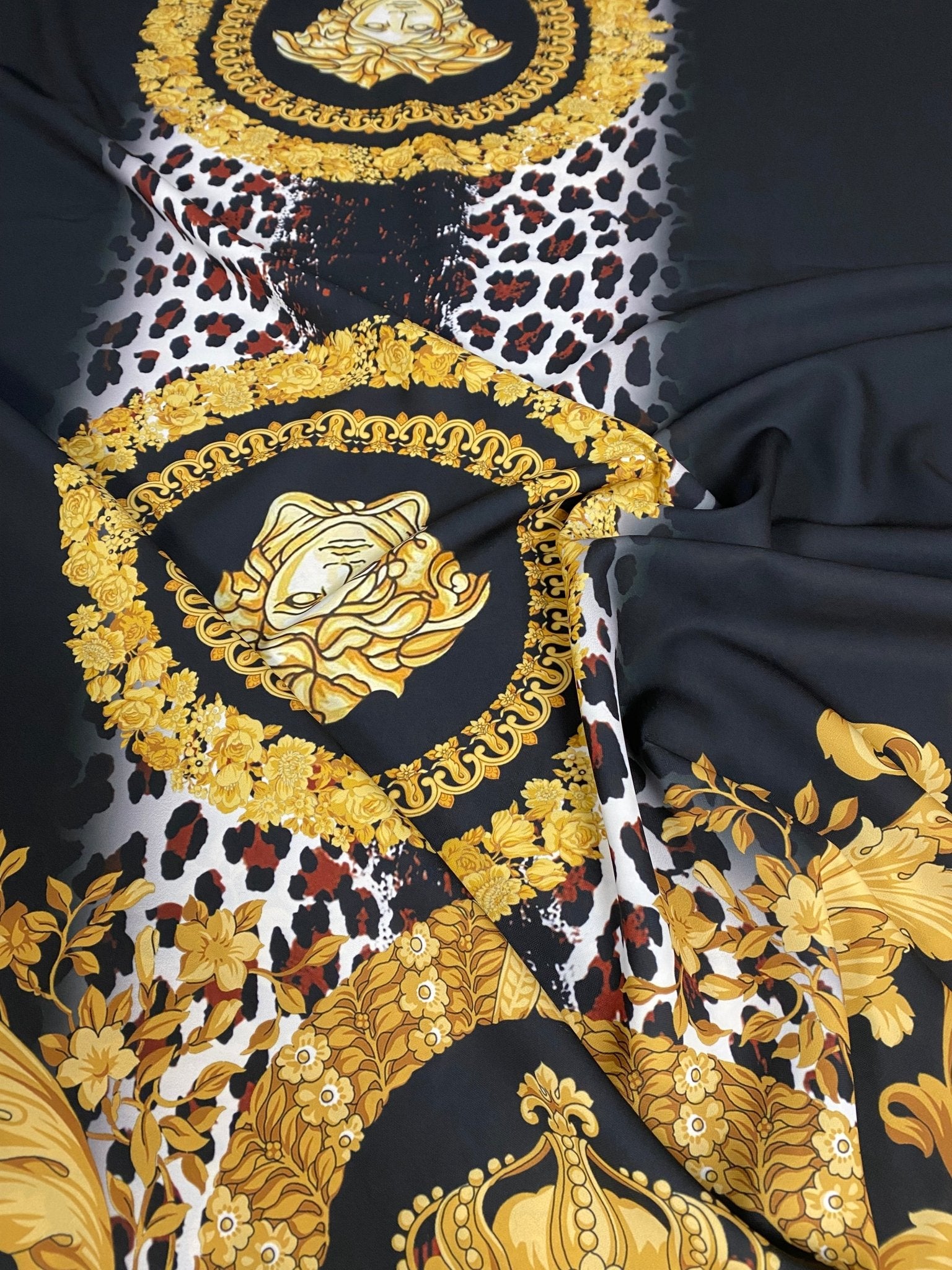 Black Baroque Gold Crepe Fabric by the Metre - Whotex Fabrics London