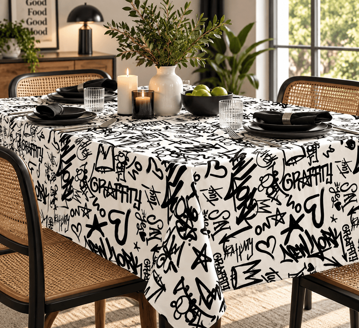 Black Graffiti Printed Tablecloth - Whotex Fabrics London