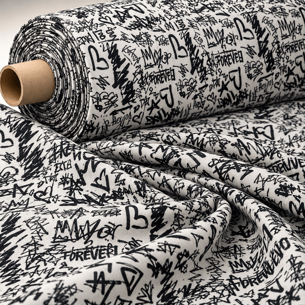 Black Graffiti Satin Fabric by the Metre - Whotex Fabrics London