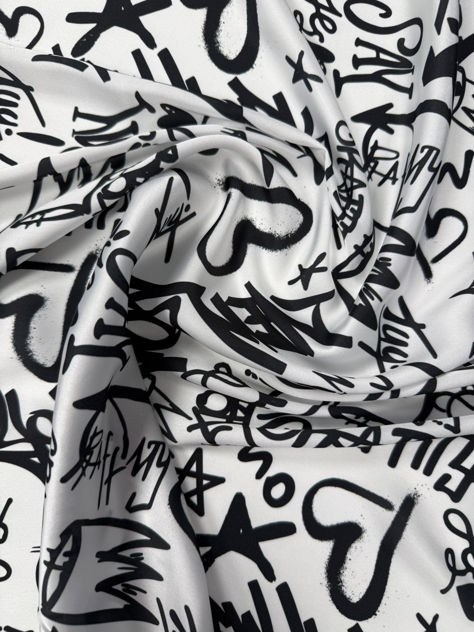 Black Graffiti Satin Fabric by the Metre - Whotex Fabrics London