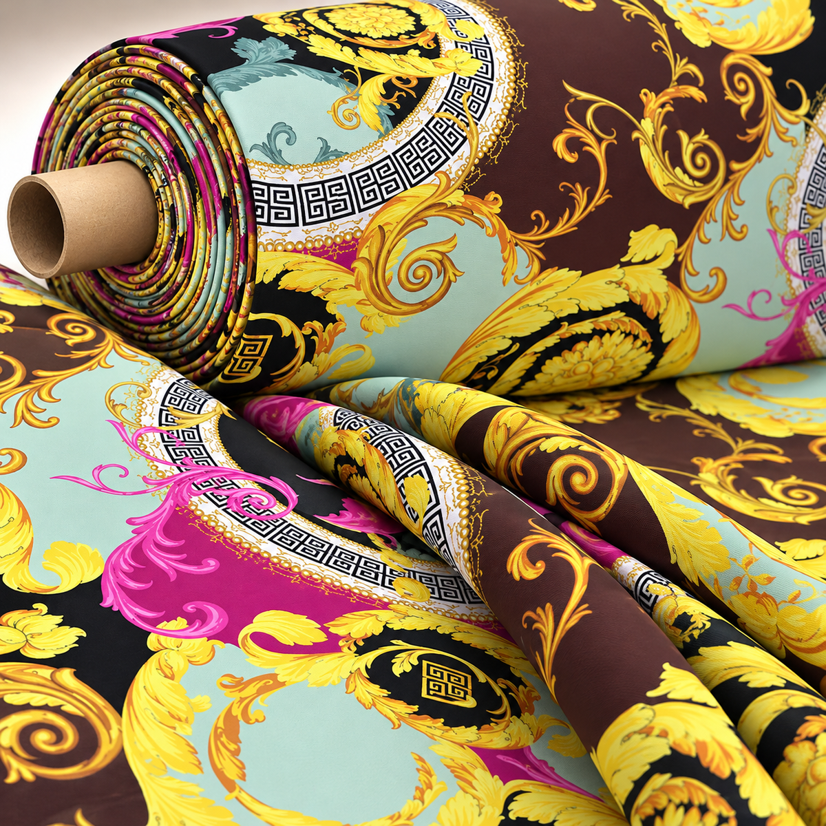 Black Pink Fabric with Greek Key Print Design by Metre - Whotex Fabrics London