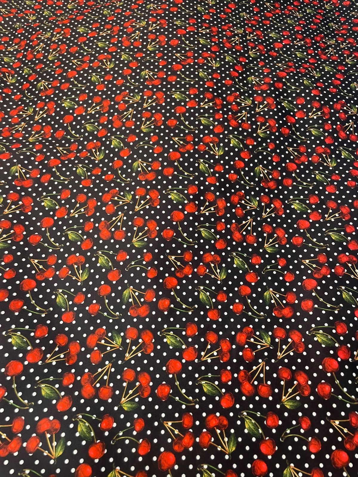 Black Polka Dot Cherry Spandex Fabric by the Metre - Whotex Fabrics London