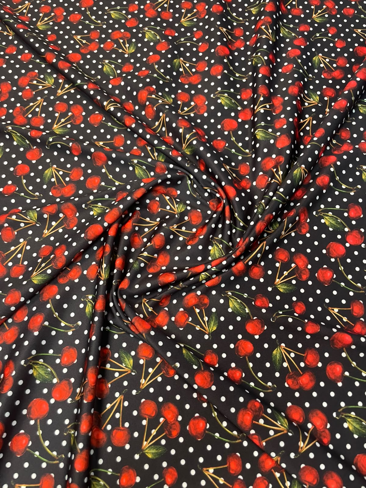 Black Polka Dot Cherry Spandex Fabric by the Metre - Whotex Fabrics London