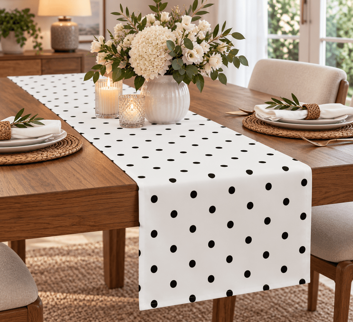 Black Polka Dot on White Background Printed Table Runner - Whotex Fabrics London