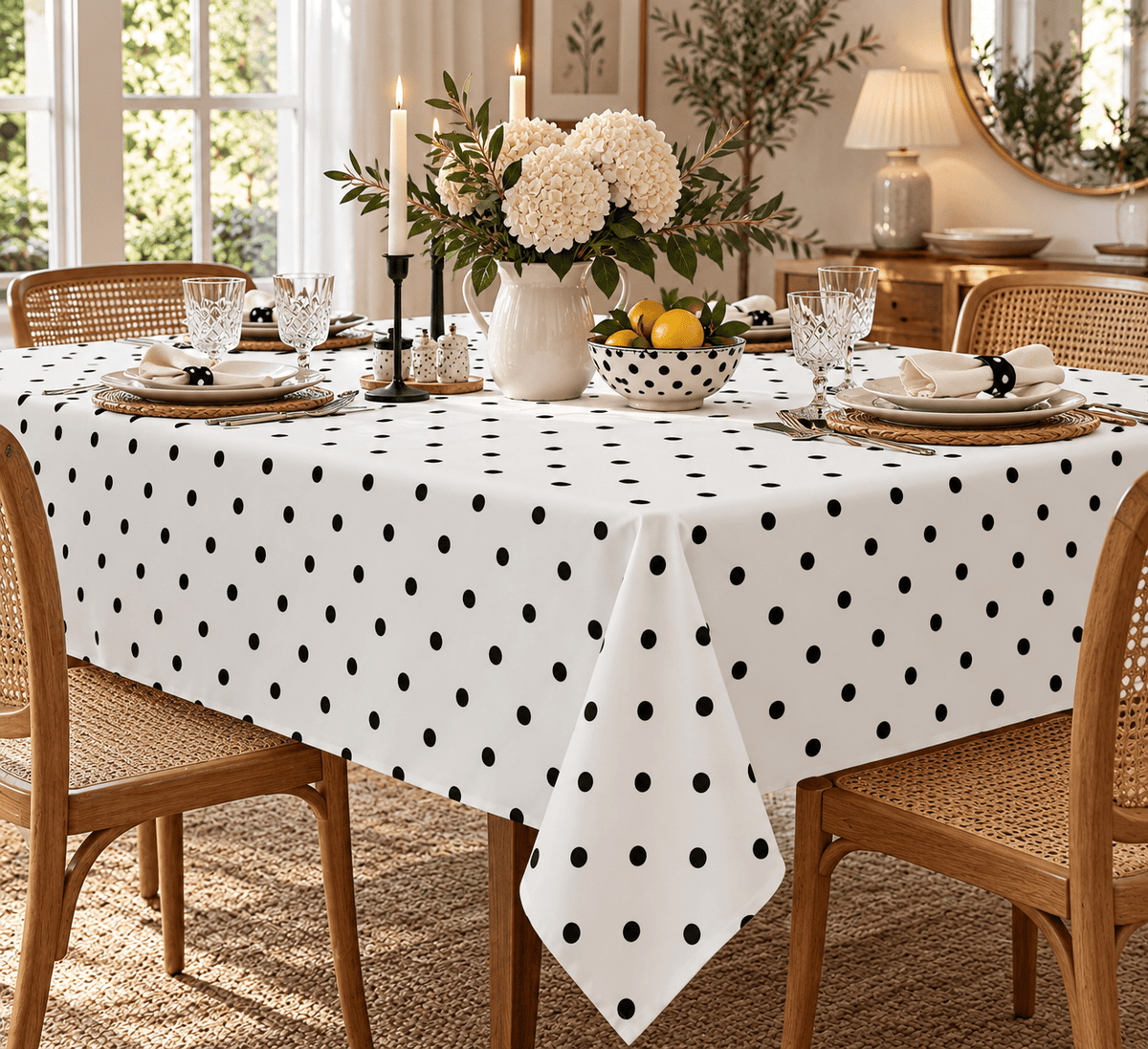 Black Polka Dot on White Background Printed Tablecloth - Whotex Fabrics London