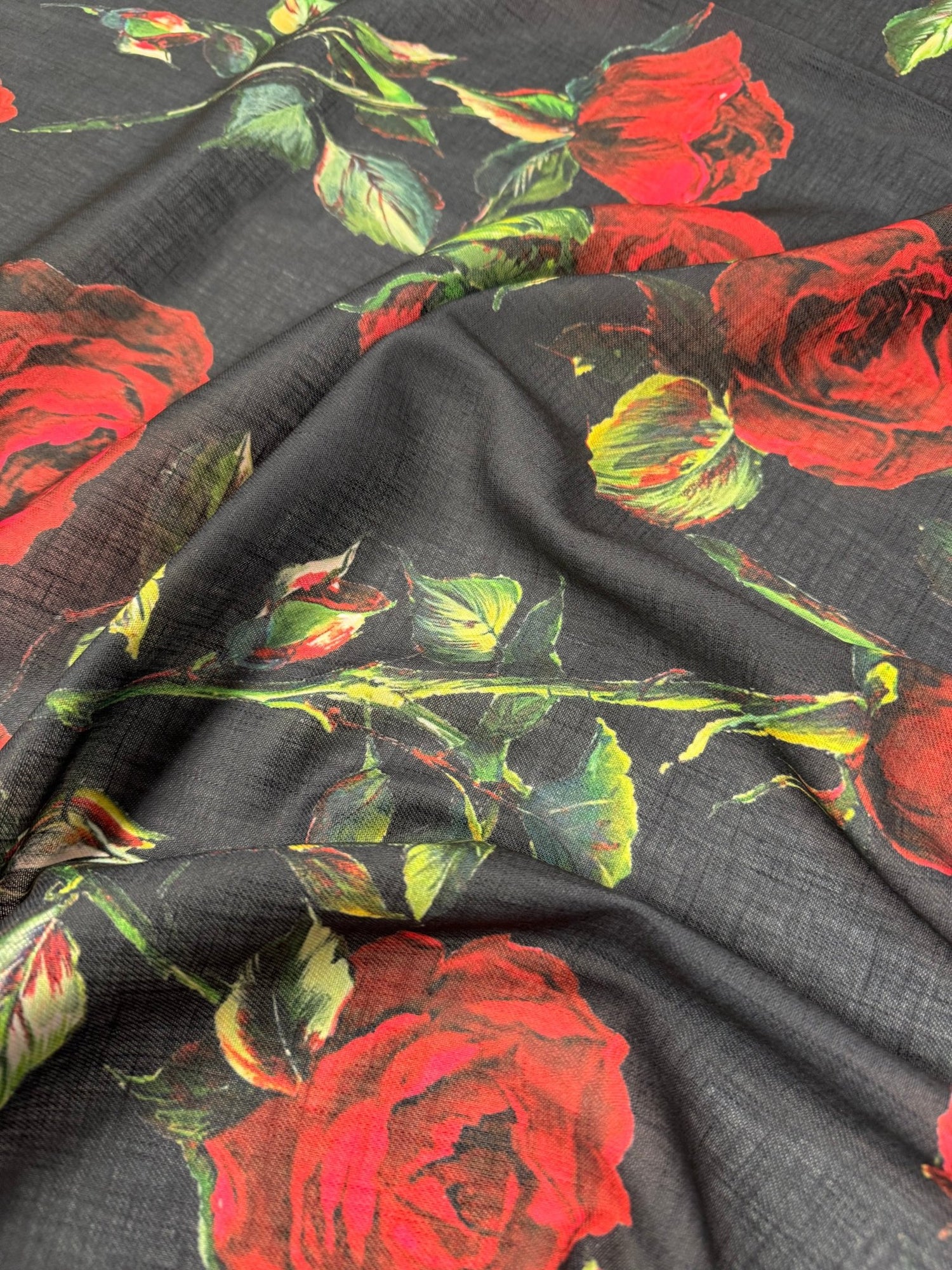 Black Rose Print Linen Fabric by the Metre - Whotex Fabrics London