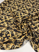 Black Satin Fabric with Gold Baroque Scroll Design - Whotex Fabrics London