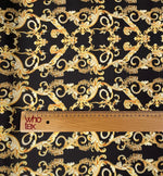 Black Satin Fabric with Gold Baroque Scroll Design - Whotex Fabrics London