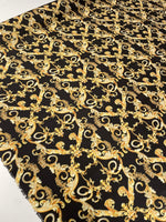 Black Satin Fabric with Gold Baroque Scroll Design - Whotex Fabrics London