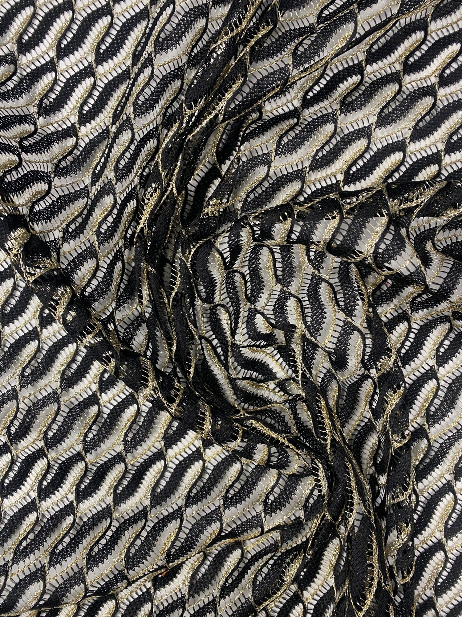 Black Wave Openwork Mesh Knit Fabric with Metallic Thread by the Metre - Whotex Fabrics London