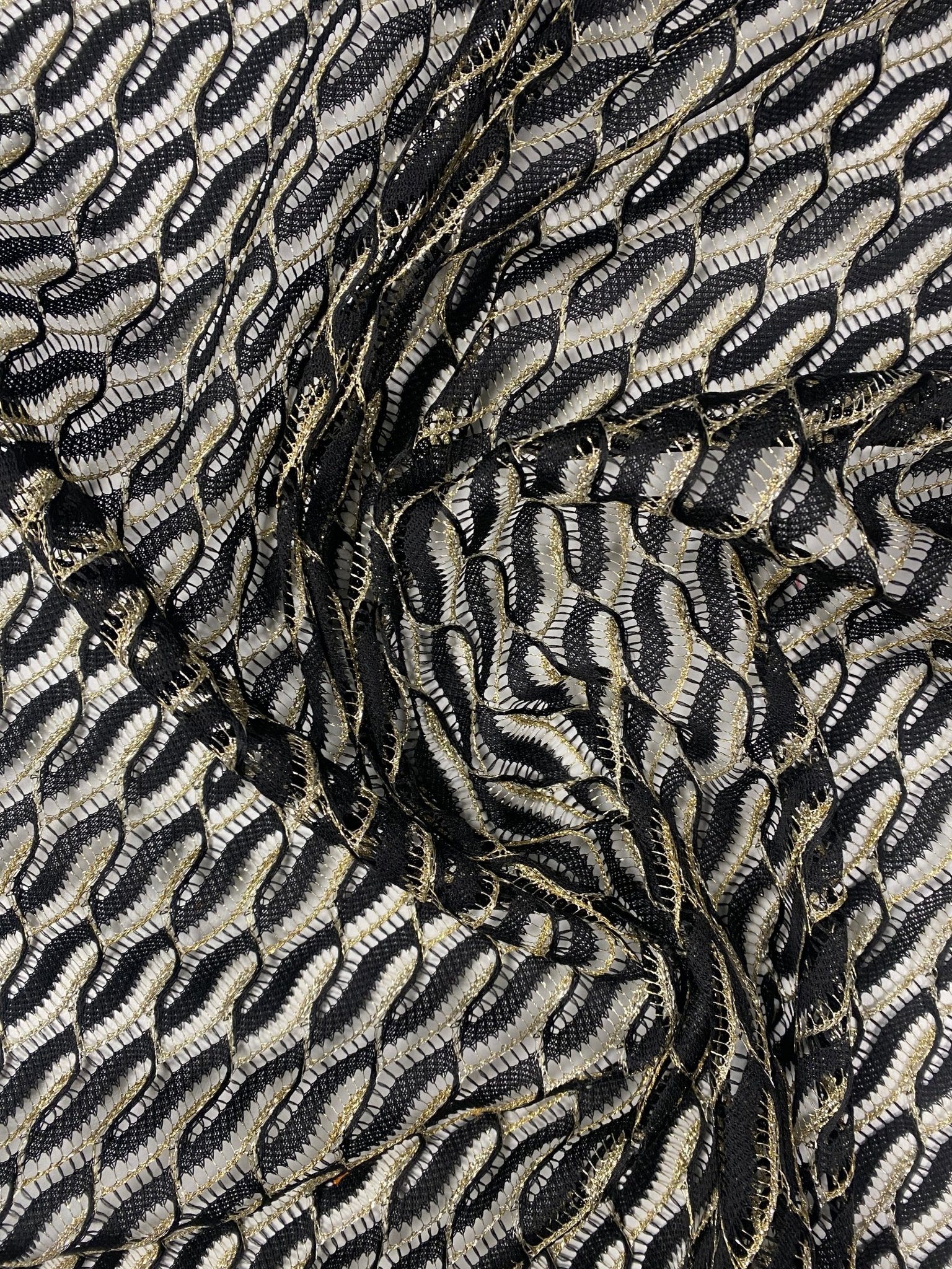 Black Wave Openwork Mesh Knit Fabric with Metallic Thread by the Metre - Whotex Fabrics London