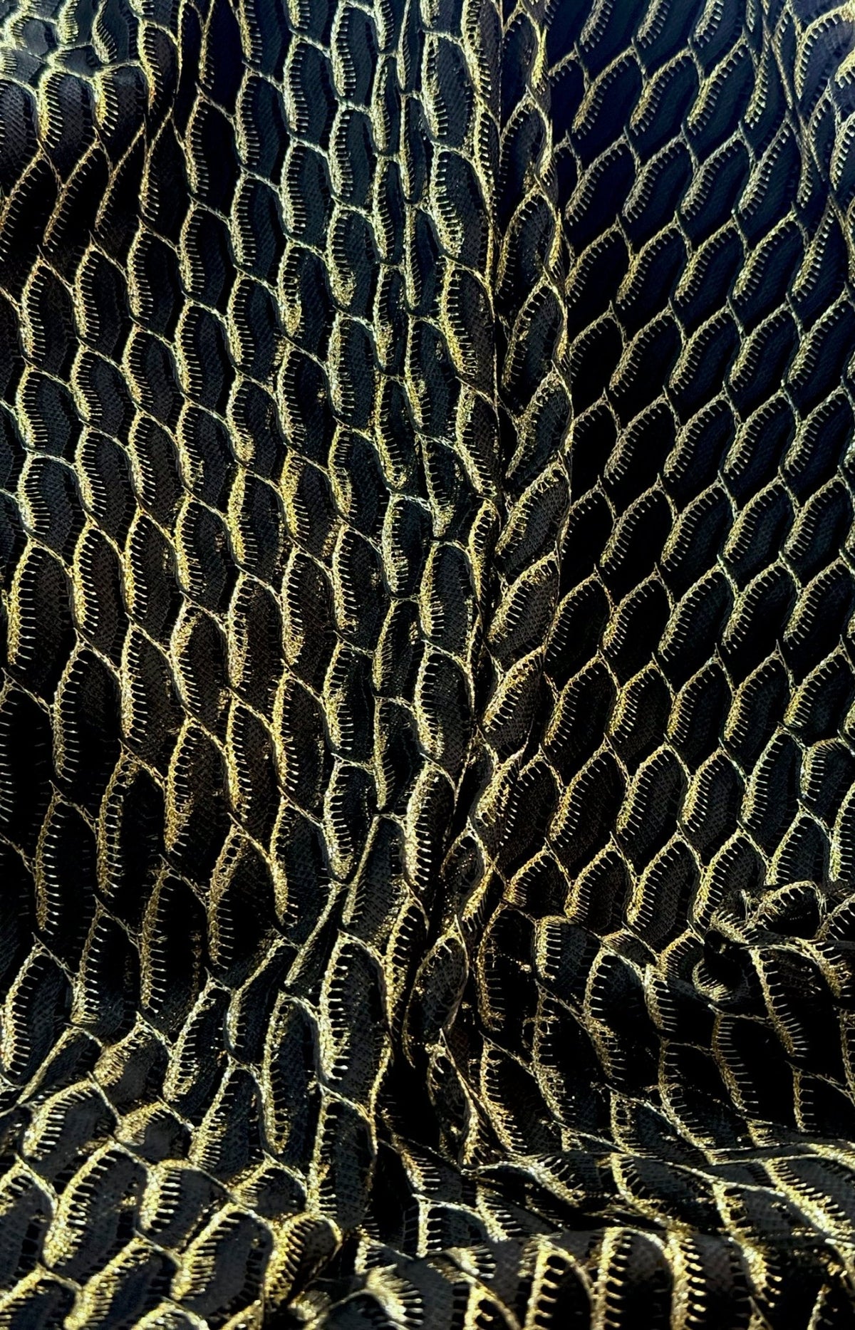 Black Wave Openwork Mesh Knit Fabric with Metallic Thread by the Metre - Whotex Fabrics London