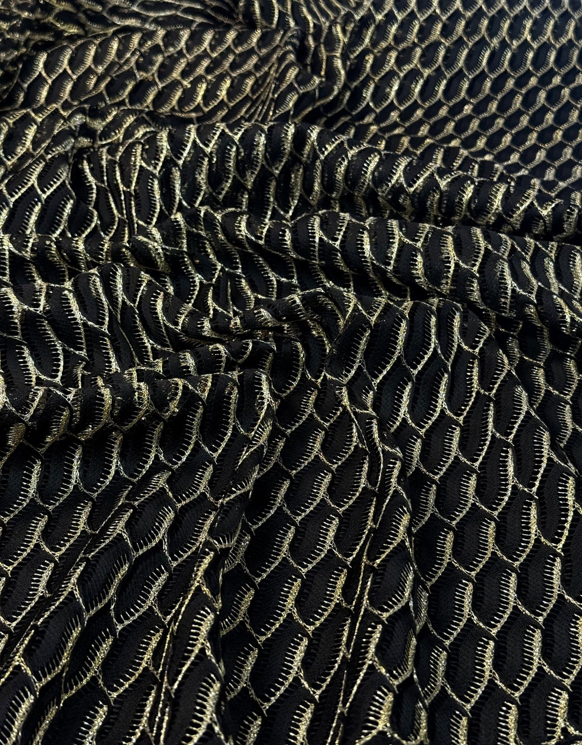 Black Wave Openwork Mesh Knit Fabric with Metallic Thread by the Metre - Whotex Fabrics London