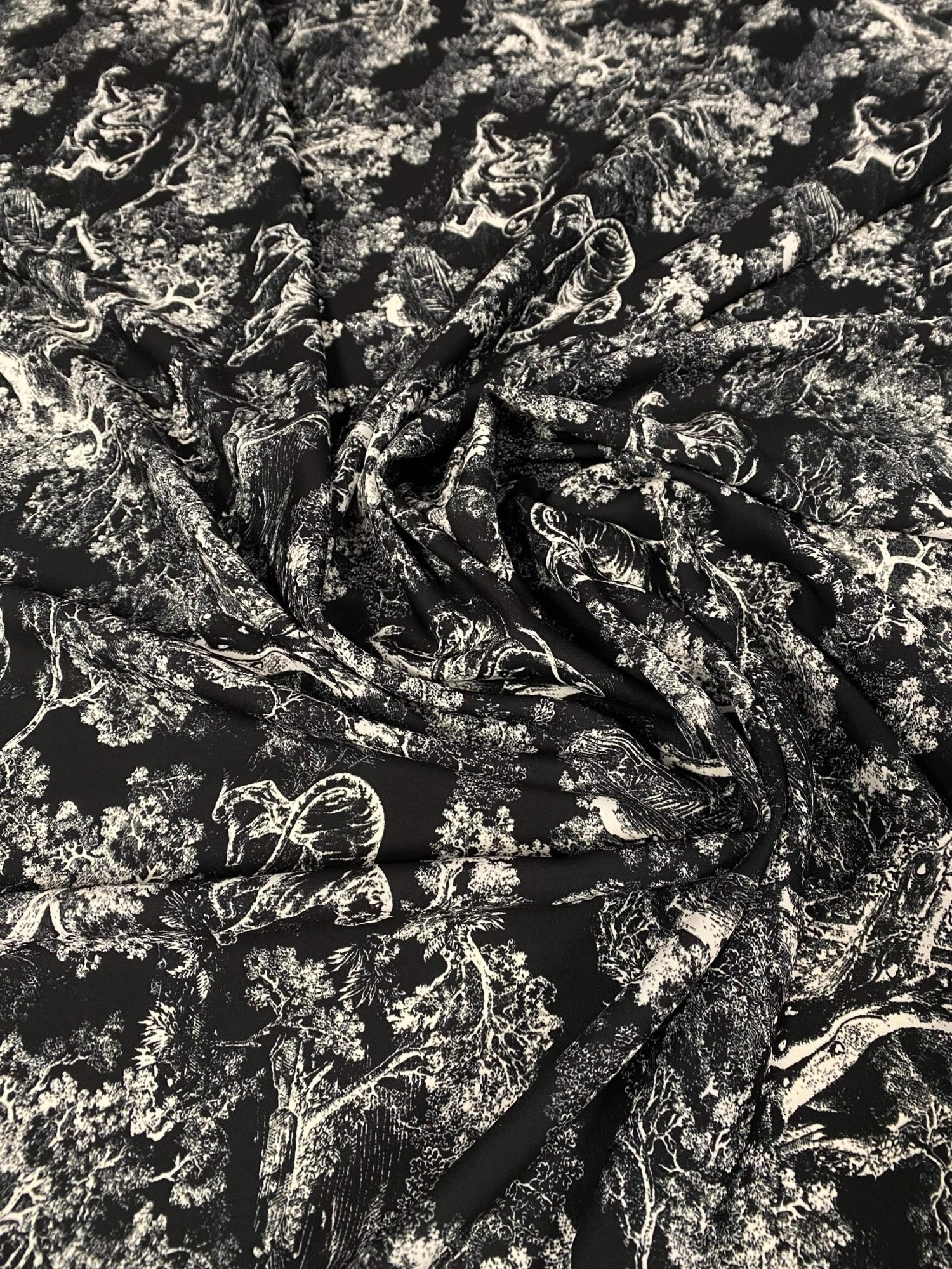 Black Wild Forest Pattern Fabric – Available in Satin, Crepe, Spandex & Chiffon | By Metre - Whotex Online Fabric Store
