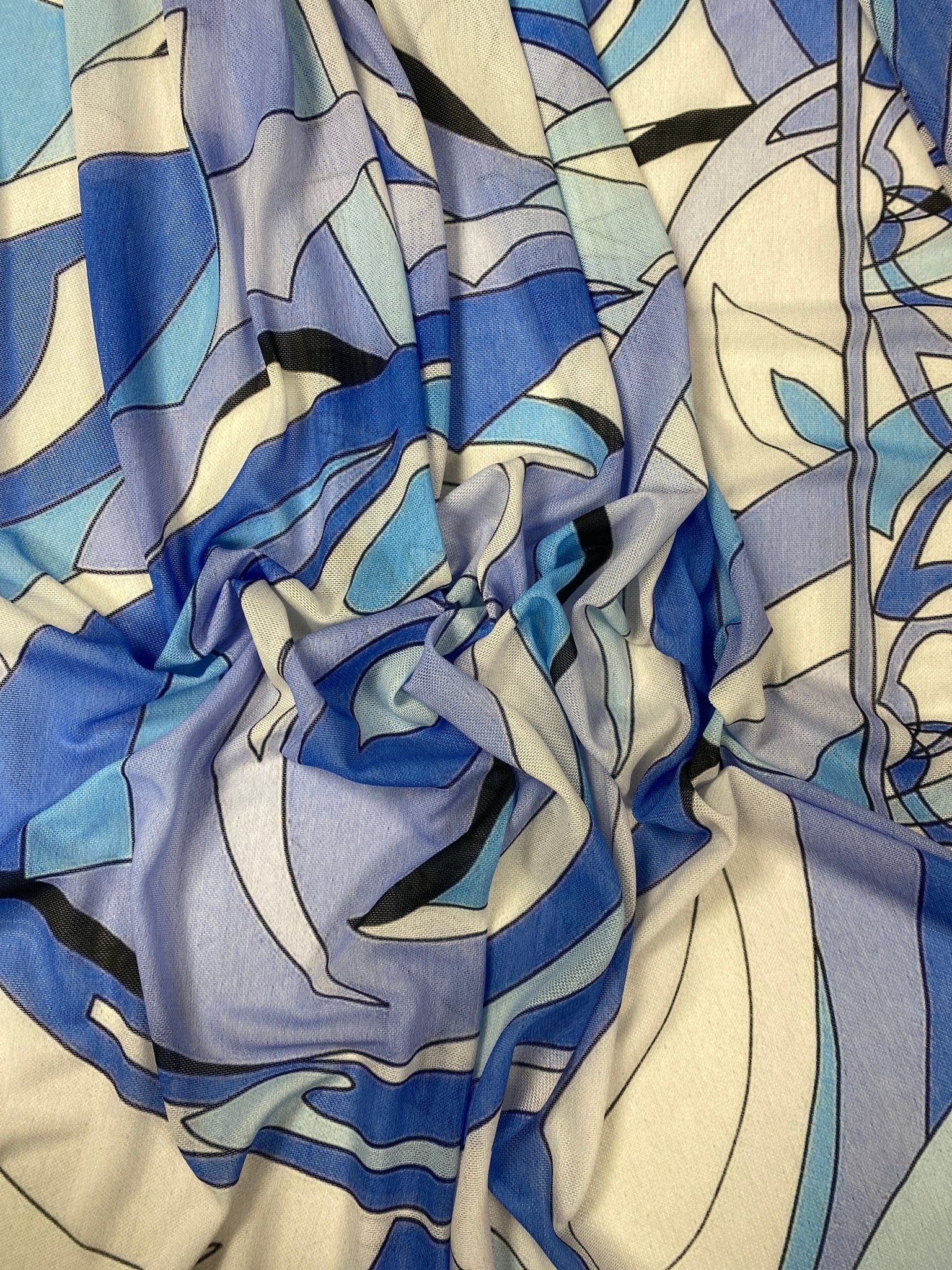 Blue Abstract Fabric – Retro Geometric Wave Print by the Metre - Whotex Fabrics London
