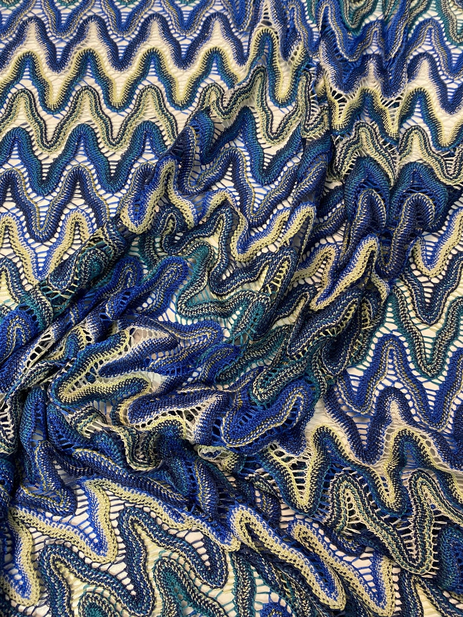 Blue Abstract Wave Mesh Fabric by the Metre - Whotex Fabrics London