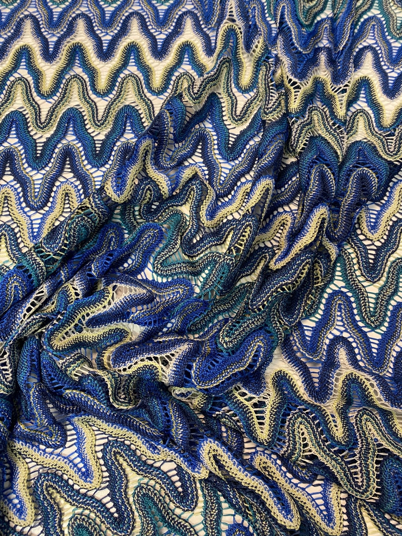 Blue Abstract Wave Mesh Fabric by the Metre - Whotex Fabrics London