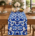 Blue and White Baroque Floral Printed Table Runner - Whotex Fabrics London
