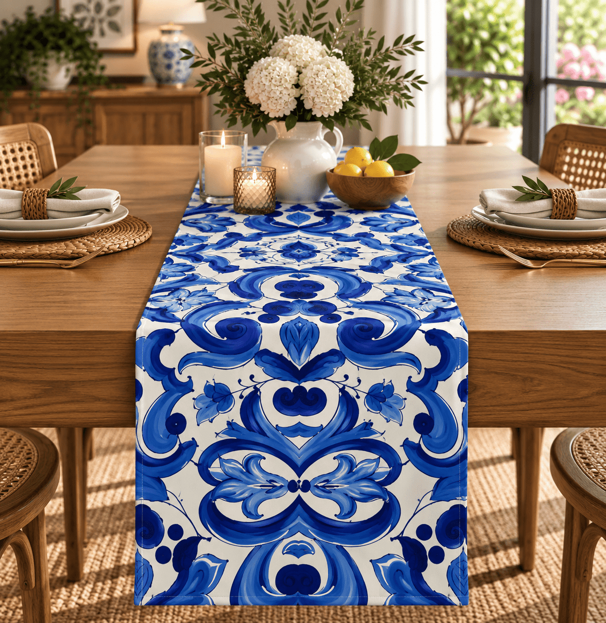 Blue and White Baroque Floral Printed Table Runner - Whotex Fabrics London