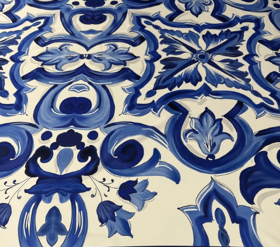 Blue and White Baroque Floral Printed Table Runner - Whotex Fabrics London