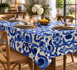 Blue and White Baroque Floral Printed Tablecloth - Whotex Fabrics London