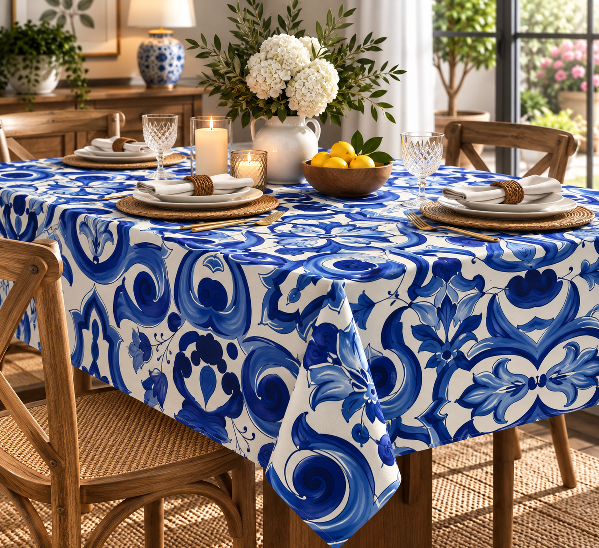Blue and White Baroque Floral Printed Tablecloth - Whotex Fabrics London